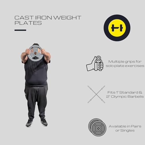 HulkFit 1 inch or 2 inch Cast Iron Weight Plate Set with Multi-Grip Handles and Enamel Coated for Barbells & Strength Training - Grey - style: 2in - 10lbs (SINGLE)