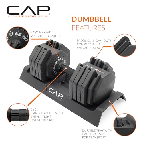 CAP ADJUSTABELL Adjustable Dumbbell Set, Premium Quick Select Adjustable Weights for Strength Training, Singles & Pairs, 12.5 LB, 25 LB & 55 LB, Round & Hex Dumbbells, Multiple Grip Handle Options - size: 55 lb - Black Handle, style: Pair