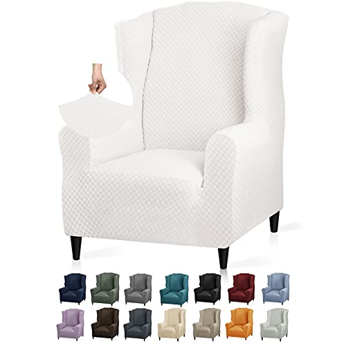 YEMYHOM 1 Piece Stretch Wingback Chair Slipcover Latest Jacquard Design Wing Chair Cover Non Slip Furniture Protector with Foam Rods for Living Room (Wing Chair, White) - color: White, size: 1 Pack - Wing Chair