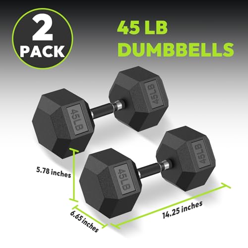 HANDBODE Rubber Encased Hex Dumbbell Pair, 2.5-65 lb | Non-Slip Handle Design for Secure & Comfortable Grip, Hand Weights for Strength Training, Fitness & Home Gym - size: 45 lb, Pair, style: Comfort Grip