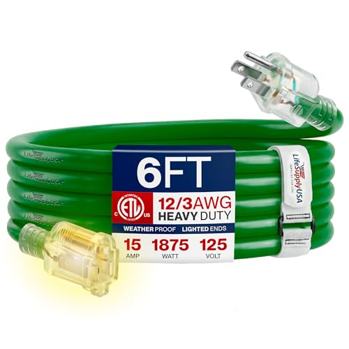 6ft Outdoor/Indoor Extension Cord 12/3 Gauge Extra Heavy Duty 3 Prong SJTW, Waterproof, ETL Listed, Flexible Cold-Resistant Long Power Cord,15A 125V 1875W, Green by LifeSupplyUSA - color: Green, size: 6 FT, style: 12 Gauge (EXTRA HEAVY DUTY)