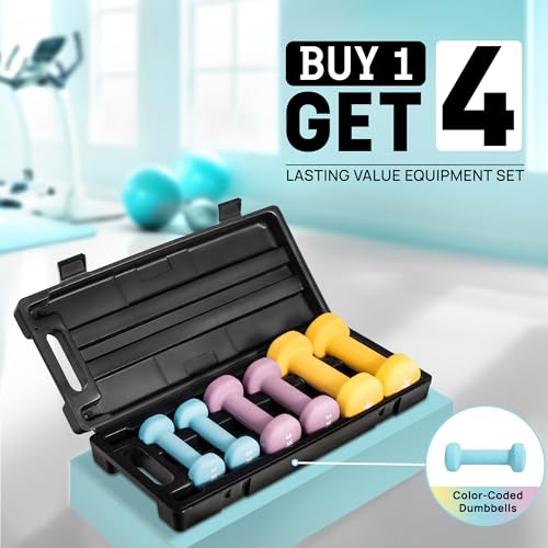 Yes4All Neoprene Coated Dumbbell Hand Weight Sets - Multiple Weight Options with Rack, Anti-roll, Anti-Slip, Hexagon Shape - style: D. SET WITH CASE 1-2-4lb pair