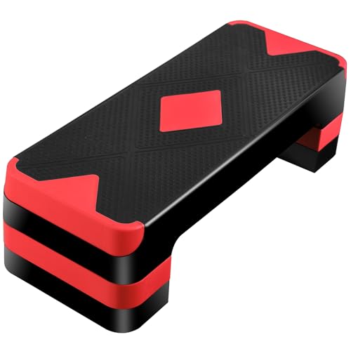 JupiterForce 26.5" Height Adjustable Step Aerobic Platform with 4 Risers, Exercise Workout Stepper for Home Training, Gym Fitness, 4''- 6'' - 8'', 400 lbs Capacity - color: Red