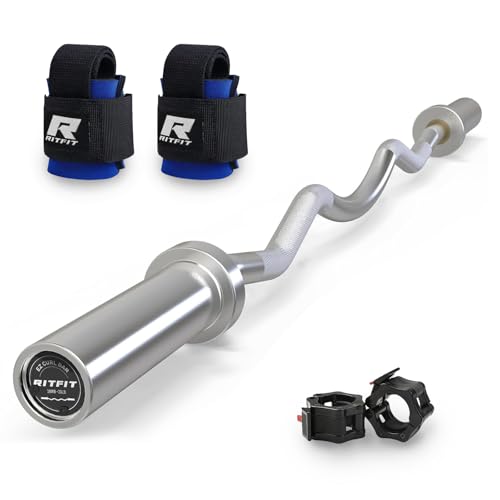 RitFit 2 Inch EZ Curl Bar with Weights, 350LBS Capacity Olympic Barbell for Bicep & Triceps, Home Gym Strength Training - style: Silver with Collar and wrist