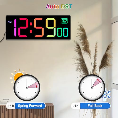 Soobest Digital Wall Clock, Remote Control Electric Timer Seconds for Gym | 8 RGB Colors, Auto DST, Corded Plug in Large Display 5 Dimmer, Living Room Office Classroom Countdown (10.2" Multicolor) - color: 10.2“ Multicolor