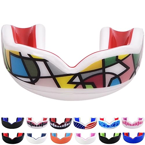 Oral Mart Youth Sports Mouth Guard for Kids (USA Flag, Fangs, 20+ Colors to Choose from) Mouthguard for Football, MMA, Karate, Boxing, Rugby, BJJ, Flag Football – /w Case (Youth, Strapless) - color: Charming Picasso