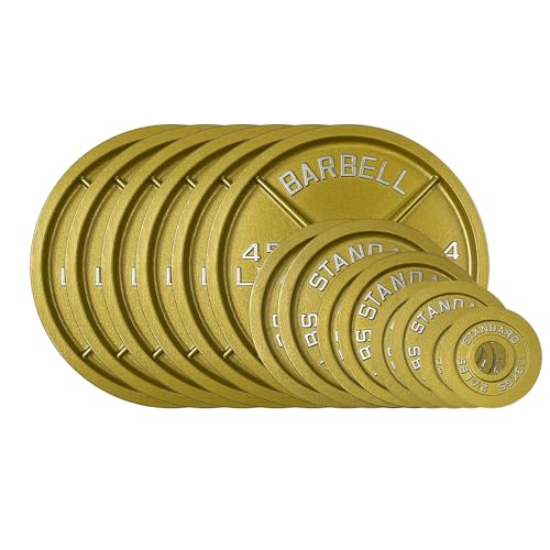 Gold Finish Olympic Steel Plates - Pairs and Sets 2 Inch Barbell Standard in Premium Gold for Weight Lifting - color: 355lb Set
