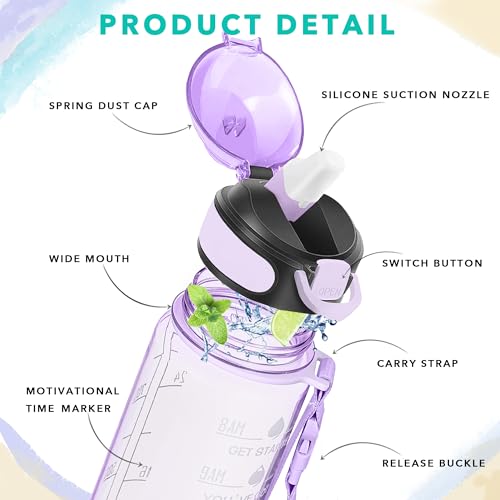 Enerbone 32 oz Water Bottle with Times to Drink and Straw, Motivational Drinking Water Bottles with Carrying Strap, Leakproof BPA & Toxic Free, Ensure You Drink Enough Water for Fitness Gym Outdoor - color: Amethyst
