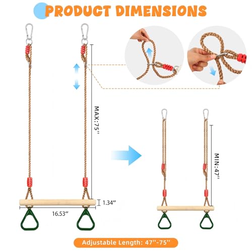 Trapeze Swing Bar for Kids, Wooden Swing Set Hanging Bar with Plastic Gym Rings, 2 Buckle Straps for Ninja Warrior Obstacle Course Trapeze Bar for Swing Set, Indoor & Outdoor Trapeze (Red) - color: Red