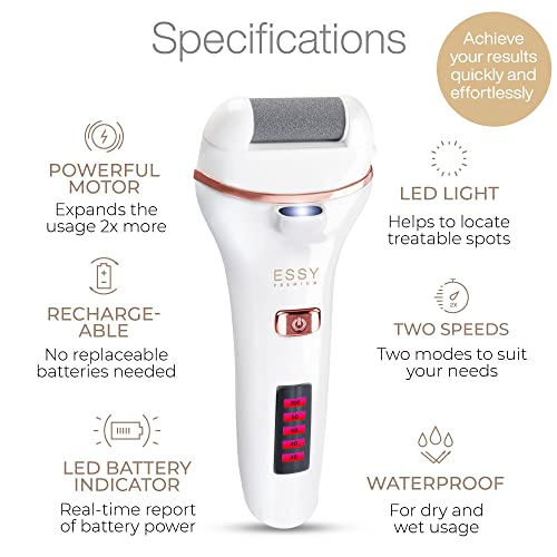 Essy Electric Foot File Rechargeable with 5 Replacement Rollers (White) | For Women's, Men's Smooth Feet, Waterproof, USB Charging, Pressure-Lock Safety - color: White