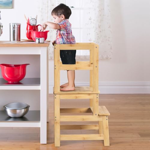 Elevon Kitchen Step Stool with Safety Rail, Multipurpose Standing Support Platform, Wooden Anti-Slip Step with Stable A-Frame Structure for Home Use, Natural - color: Bulywood