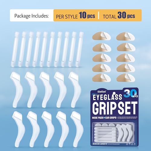 ELETIUO 30 Pcs Eyeglass Grip Set,3-in-1 Anti Slip Silicone Eyeglass Retainers with Nose Pads + Ear Grips+Temple Tips,Comfortable Eyeglass Holder for Glasses,Sunglasses&Reading Glasses,Clear