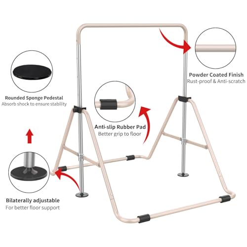 Tepemccu Gymnastics Bars, Adjustable Gymnastic Horizontal Bars for Kids | 5-Height Adjustable 34.8"-50.8", Foldable for Home Training, Include Children Gymnastics Rings and Bar Pad, Indoor Outdoor - color: Beige