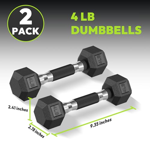 HANDBODE Rubber Encased Hex Dumbbell Pair, 2.5-65 lb | Non-Slip Handle Design for Secure & Comfortable Grip, Hand Weights for Strength Training, Fitness & Home Gym - size: 4 lb, Pair, style: Comfort Grip