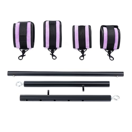 3 in 1 Heavy Duty Stainless Steel Expandable Spreader Bar with 4pcs PU Rose-Gold Adjustable Straps,Workout Bar for Home Gym Training Bar,Portable Detachable Pilates Kit - style: Black+Purple Furry Kit
