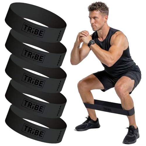 Tribe Lifting Fabric Resistance Bands for Working Out - 5 Exercise Bands Set for Legs and Glutes - Booty Bands for Women and Men - Thick Cloth Workout Bands for Physical Therapy, Hip Training - color: X-Heavy Black