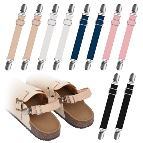 5 Pairs Adjustable Elastic Shoe Straps, Pant Stirrups Clips & Boot Clips, Removable Anti-Loose Heel Ankle Belts for Sandals, Mules, Clogs, Suede & Cork Platform Slippers