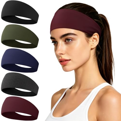 Sweat Band, 5 Pack Headband Moisture Wicking for Running Sports | Workout Sweatband, Unisex Fit, Non-Slip, Skin-Friendly, Multi-Use, Perfect for Exercise, Lightweight - color: Black+Green+Dark Blue+Heather Gray+Burgundy