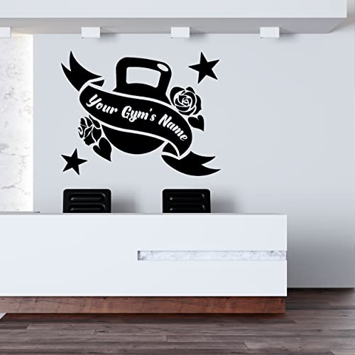 Beautiful Gym Vinyl Decals with Gyms Name Kettlebell Flowers Stars - Outdoor for Business - Window Door Wall Gym and Fitness Decal - color: Dec 16