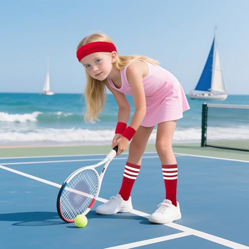 ONUPGO 5 Pieces Kids Sweatbands Soccer Socks Set - Sports Headband, Wristbands, Striped High Socks for Kids, Youth,Toddler & Baby - Football, Basketball, Running, Cycling, Tennis - color: Red