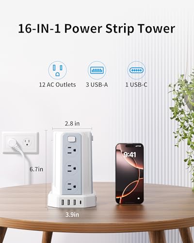 Power Strip 10 Ft Extension Cord with 12 AC Multiple Outlets 4 USB (1 USB C), SMALLRT Power Strip Tower Desktop Charging Station for Home Office College Dorm Essentials - color: White, size: 10 ft