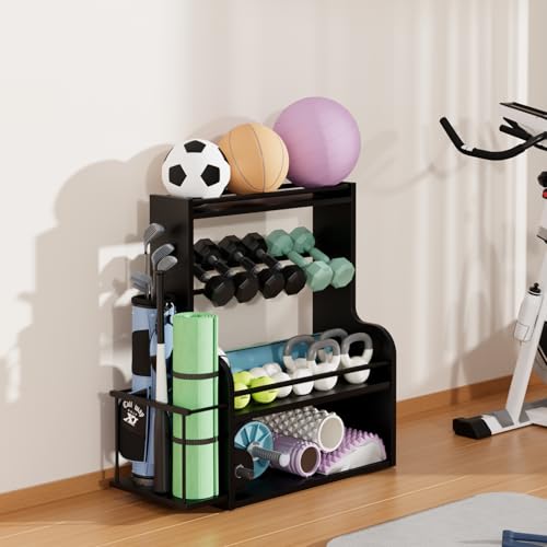 APRTAT Bamboo Dumbbell Rack, Adjustable Weight Rack for Home Gym, All-in-One Workout Equipment Storage for Dumbbells, Kettlebells, Yoga Mats & Balls - color: Black