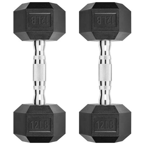 HANDBODE Hex Dumbbell Set of 2, Rubber Encased Fixed Dumbbells, 2.5-65 lb | Non-Slip Comfortable Handles, Hand Weights for Strength Training, Ideal for Home Gym Workouts - size: 12 lb, Pair, style: Chrome Handle
