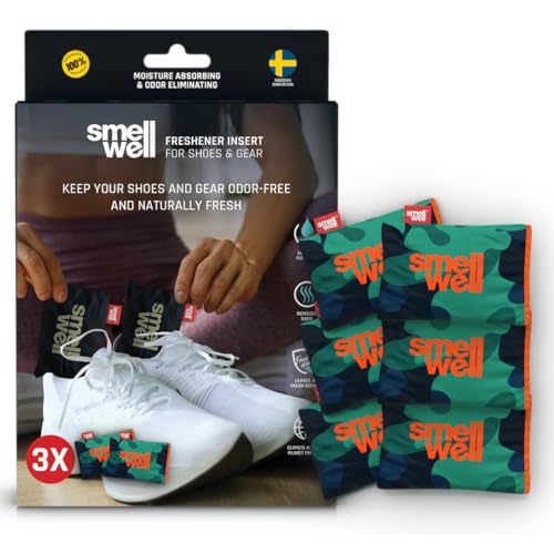 SmellWell - Scented Shoe Deodorizer Inserts - Odor Eliminators - Activated Bamboo Charcoal + Minerals - Natural Fresheners for shoes, bags, gloves - 6 x 1.8oz Original Size - Camo Green - color: Camo Green, size: 1 Count (Pack of 6)