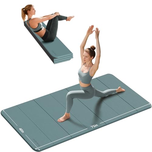 PAIDU Foldable Yoga Mat (10MM) 75‘’x40‘“ Quick Fold，Easy Storage | TPE Non-Slip Design, Ea Extra Long/Wide for Indoor Yoga, Pilates and Outdoor Travel Workouts - color: Deep green+Black