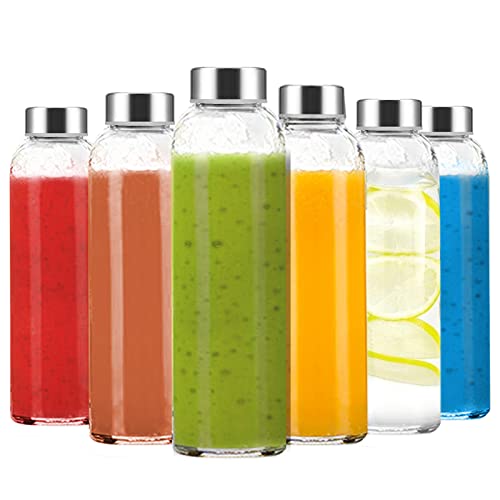 Luxfuel Clear Glass Bottles with Lids, 24oz Glass Water Bottles for Juicing | 100% Leak Proof Reusable Juice Bottle with Stainless Steel Cap for Smoothie, Milk, Refrigerator, Dishwasher Safe, Set of 6 - color: Clear Glass Bottle 6Pack, size: 24 Ounces