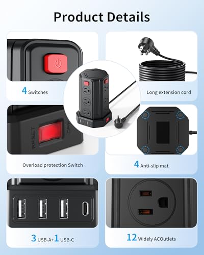 Power Strip 6.5 Ft Extension Cord with 12 AC Multiple Outlets 4 USB (1 USB C), SMALLRT Power Strip Tower Desktop Charging Station for Home Office College Dorm Essentials - color: Black, size: 6.5 ft 2-Pack