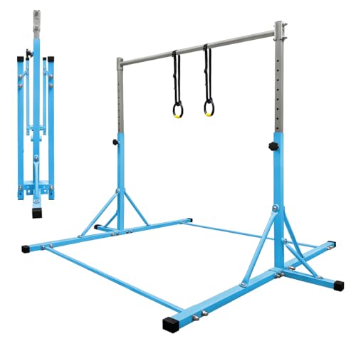 Gymnastics Bar for Kids Girls Ages 3-15 with Ring for Home Indoor Training Equipment- Steady Steel Construction, Anti-Slip, Easy to Assemble, 3' to 5' Adjustable Height - color: TEAL, size: 4.8FT, style: FOLDABLE BAR WITH RING