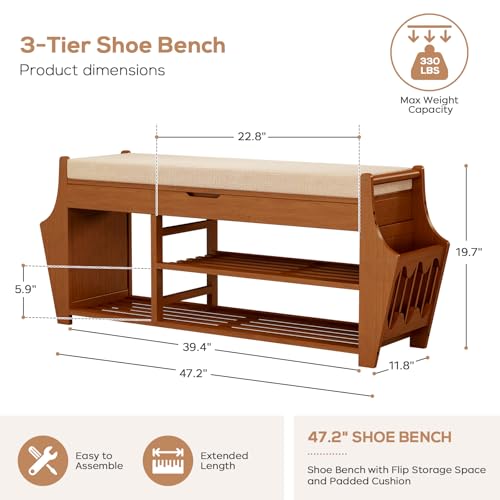 oakvivo 47.2in Shoe Bench Entryway - Bamboo Shoe Rack Bench with Storage, Shoe Rack Organizer with Cushion, 2 Side Holder, Holds Up tp 330lbs for Front Door Entrance, Living Room - size: 47.2 inch