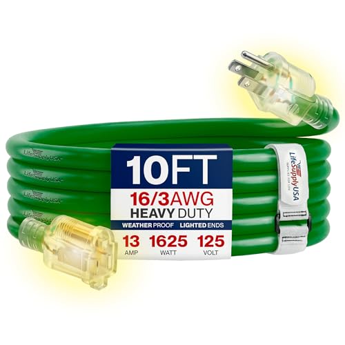10ft Outdoor/Indoor Extension Cord 16/3 Gauge Heavy Duty 3 Prong SJTW, Waterproof, Flexible Cold-Resistant Long Power Cord,13A 125V 1625W, Green by LifeSupplyUSA - color: Green, size: 10 FT, style: 16AWG