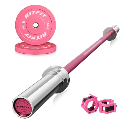 RitFit Barbell Weight Set - 4/6FT Olympic Barbell with Weight Plates (55-115LB Total) - Weightlifting Equipment for Squats, Curls, Deadlifts, Presses, Hip Thrusts - color: Pink, size: 4FT Bar with 30LB Plates (50LB Total)