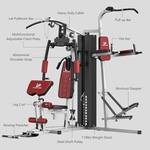 ULTRA FUEGO Multifunctional Home Gym Equipment Workout Station with Pulley System, Arm, and Leg Developer for Full Body Training - style: 118lb Home Gym Station with Power Tower