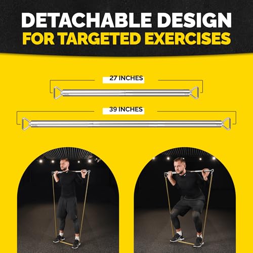Heavy Duty Steel Resistance Band Bar for Exercise, Adjustable 27-39 Inches | Portable 3-section design, ball-bearing swivel ends, tangle-free movement, fits loop, tube and pull-up resistance bands