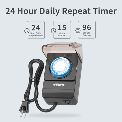 TiFFCOFiO Outdoor Timer Outlet Waterproof, 24 Hour Mechanical Light Timer Outdoor, 2 Grounded Outlets for Home and Garden, 15A 1/2HP, Heavy Duty, ETL Listed (15 Min Interval)