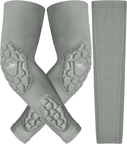 Compression Padded Arm Sleeves for Youth & Adults - Elbow & Forearm Support - Breathable Football Padded Sleeves - color: Grey, size: Adult Small