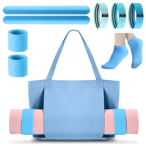 Halloscume Yoga Mat Bag Set for Women Including Yoga Tote Bag (Without Mat) Booty Resistance Bands Non Slip Sports Socks Silicone Ties for Pilates Travel Workout Office Home Gym - color: Blue