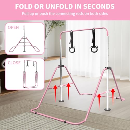 Gymnastics Bars for Kids with Rings, Junior Kip Training Bars Equipment for Home, Folding Height Adjustable Horizontal Bars - color: Pink