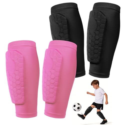 2 Pairs Soccer Shin Guards Shin Pads for Kids Youth Adult | Protective Calf Compression Sleeve with Honeycomb Pads, for Boys Girls, for Football, Ski, Baseball - color: Black+Pink, size: XX-Small
