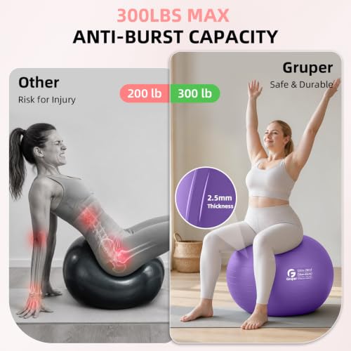 Gruper Exercise Ball, Extra Thick Yoga Ball for Working Out, Yoga & Pregnancy, 4 Sizes Anti-Burst Balance Ball with Foot Pump for Pilates, Physical Therapy & Fitness - color: purple, size: M(22IN/55cm)
