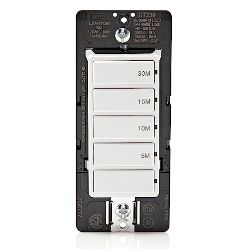 Leviton Countdown Switch for bathroom household lights, 5-10-15-30 min, Neutral Wire Required, 20A, 1HP/16A Fan/Motor, Single Pole, Multi-Way or Multi-Timer, DT230-1LW, White - style: 5-10-15-30 min, Neutral Wire Required