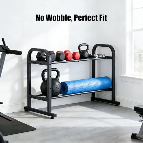 facka 2-Tier Dumbbell Rack Stand Only, Weight Rack for Home Gym | 360 Lbs Capacity, For Hex Dumbbells and Kettlebells, 3-Level Width, Adjustable Height, Non-Slip Feet
