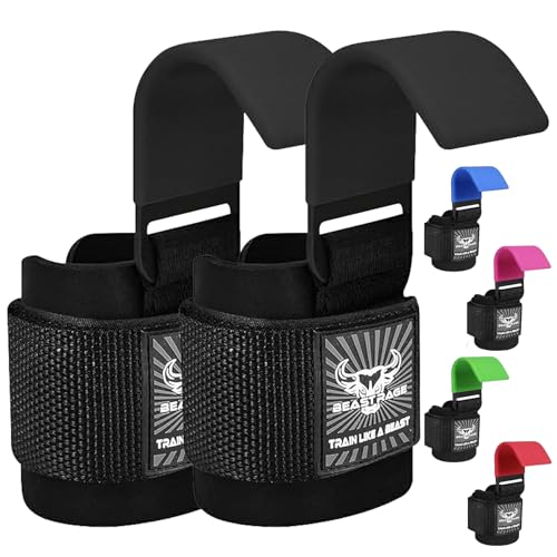 BEAST RAGE Weight Lifting Hooks (Pairs) for Men Anti Slip Durable Coated Grip Wrist Straps for Pull Ups Deadlift Strength Fitness Bodybuilding Women Hook Exercise - color: Black