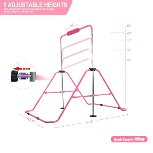 YEEGO DIRECT Gymnastics Bar for Girls Boys (A-G-E-S 3-10) with Rings, Folding Gymnastics Bars Horizontal Bar, Expandable for Home Training Gifts for Girls Boys - color: Pink