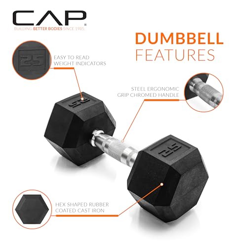CAP Rubber Coated Dumbbell Weights, Free Weights for Home Gym Strength Training, Anti-Roll Hex Dumbbells with Black, Chrome & Comfort Grip Handles, Singles - size: 25 lb, style: Chrome Handle