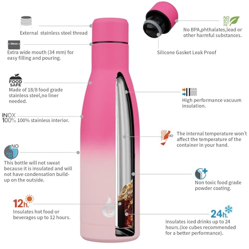 BJPKPK Insulated Water Bottle 17oz Stainless Steel Water Bottles Disawasher Safe Reusable Metal Thermal Keep Cold and Hot,Cherry - color: Cherry, size: 17 Ounces