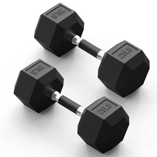 PAPABABE Hex Dumbbell Set 2.5-100lb, Rubber Grip Dumbbells, Home Gym | Complete & Durable Cast Iron Core Odorless Antiroll Hex Shape Ergonomic Versatile Home Gym Comfort Non-Slip Grip - size: 25 lb, Pair, style: Rubber Grip